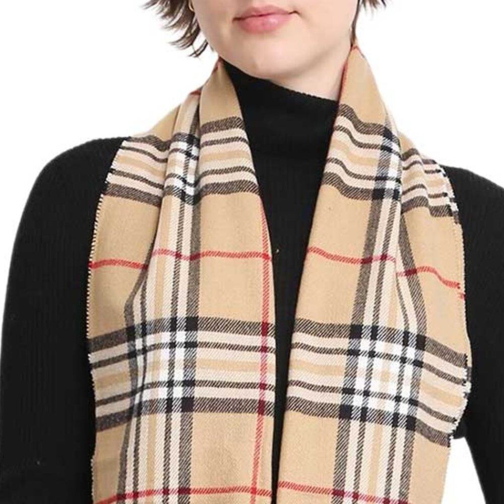 Janice Apparel Women's Faux Cashmere Scarf Classic Tan Plaid Tartan Fringe